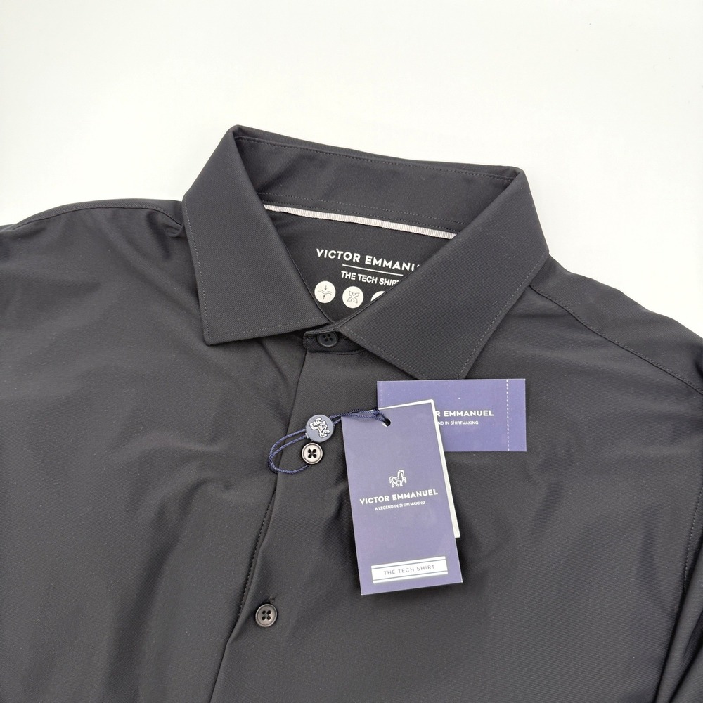 Victor Emmanuel The Tech Shirt Mens Black Stretch Button Up Lg 16.5 34-35 NEW